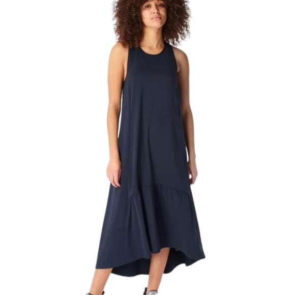 NWT Sweaty Betty Explorer Ace Dress Navy Midi Ruffle Hem Hi Low Blue Sleeveless - Picture 1 of 12